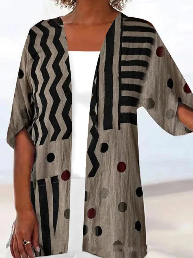 Printed Loose Top Fashion Coat in various vibrant colours, featuring a V-shaped collar and 5/4 sleeves for a modern, stylish look.