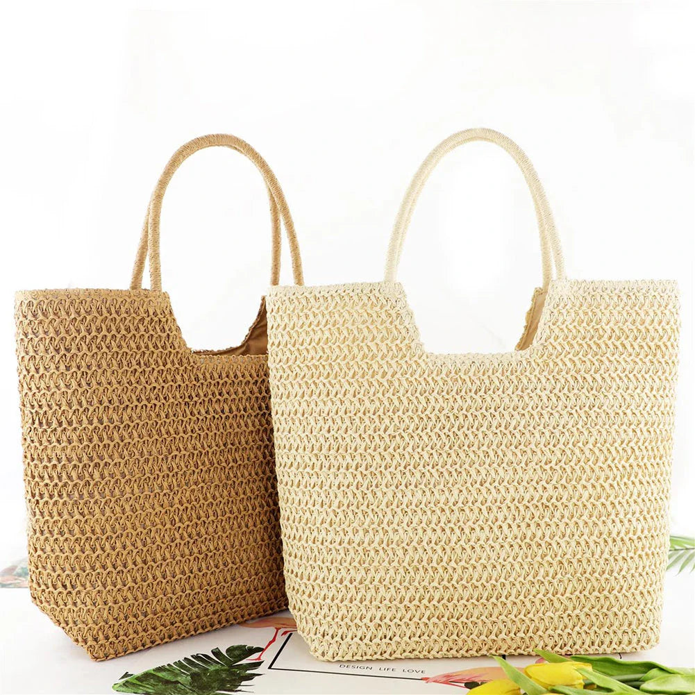 Handmade straw woven shoulder bag in beige, a stylish and versatile summer accessory