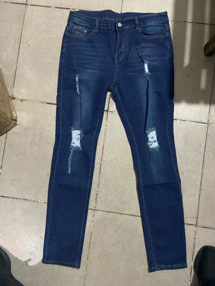 Fashion Holes Jeans Student Trousers in Dark Blue and Light Blue with Distressed Details