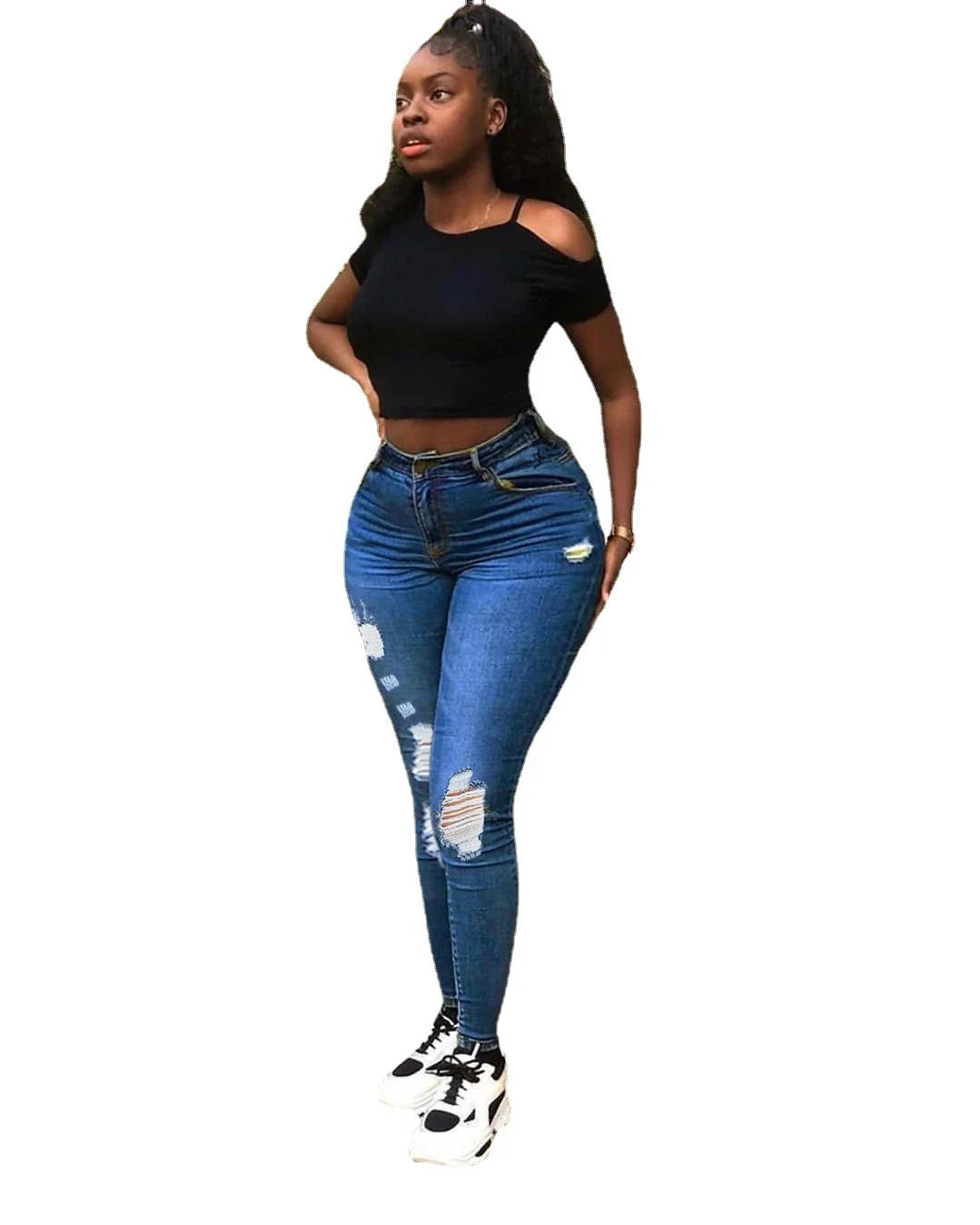 Fashion Holes Jeans Student Trousers in Dark Blue and Light Blue with Distressed Details