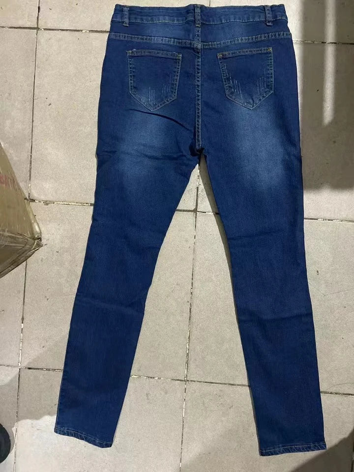 Fashion Holes Jeans Student Trousers in Dark Blue and Light Blue with Distressed Details