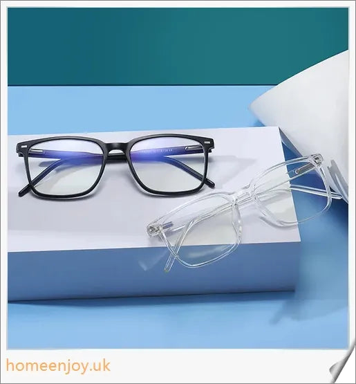 Bluelight reduction glasses with various frame colours including matte black, transparent, and leopard print