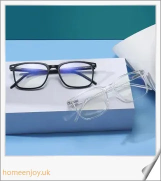 Bluelight reduction glasses with various frame colours including matte black, transparent, and leopard print