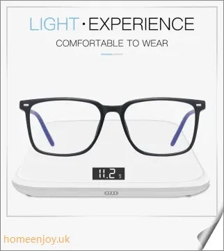 Bluelight reduction glasses with various frame colours including matte black, transparent, and leopard print