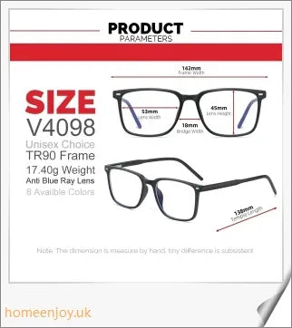 Bluelight reduction glasses with various frame colours including matte black, transparent, and leopard print