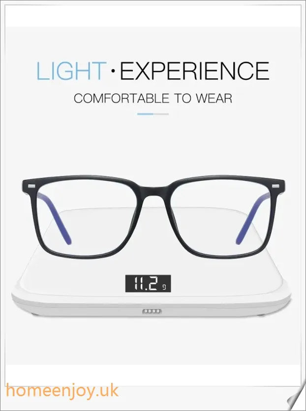 Bluelight reduction glasses with various frame colours including matte black, transparent, and leopard print