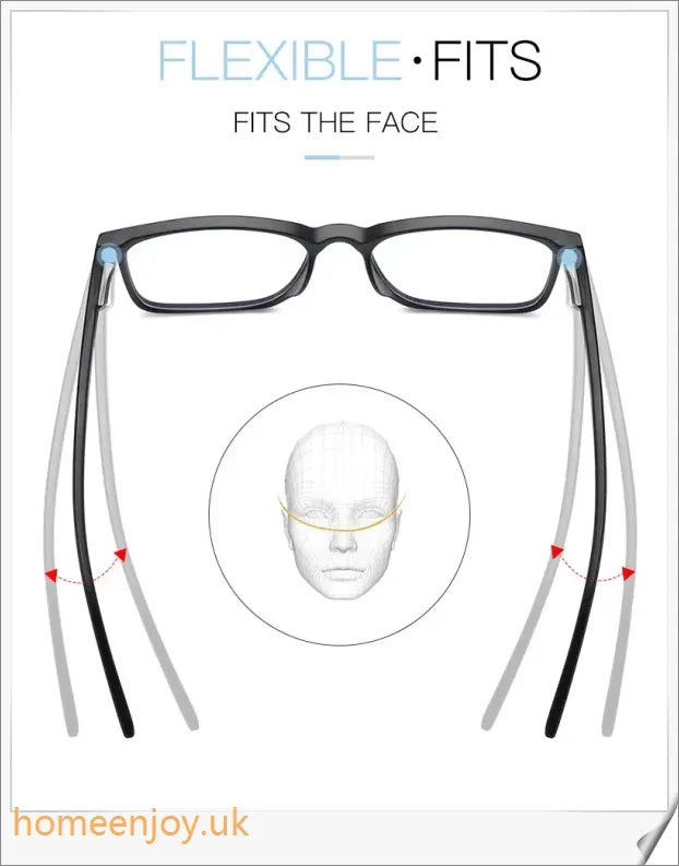 Bluelight reduction glasses with various frame colours including matte black, transparent, and leopard print