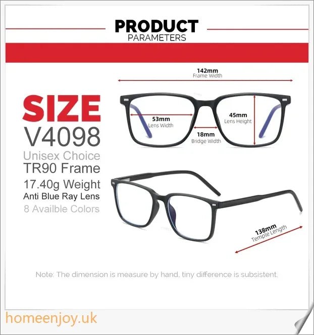 Bluelight reduction glasses with various frame colours including matte black, transparent, and leopard print