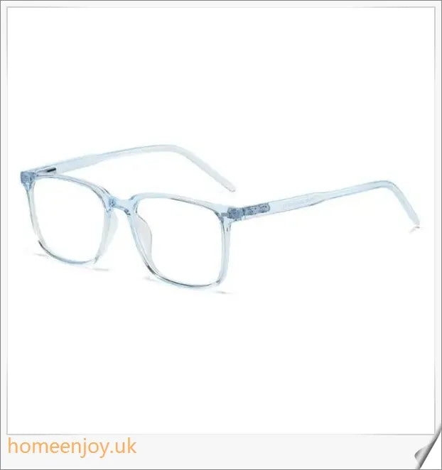 Bluelight reduction glasses with various frame colours including matte black, transparent, and leopard print