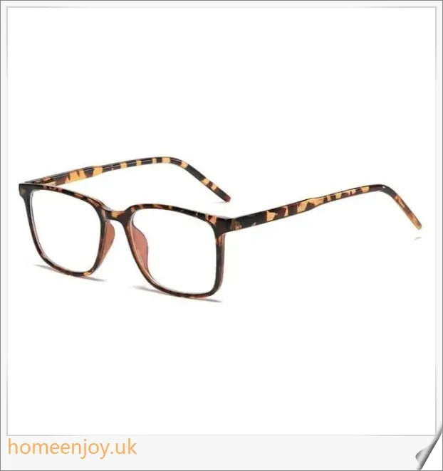 Bluelight reduction glasses with various frame colours including matte black, transparent, and leopard print
