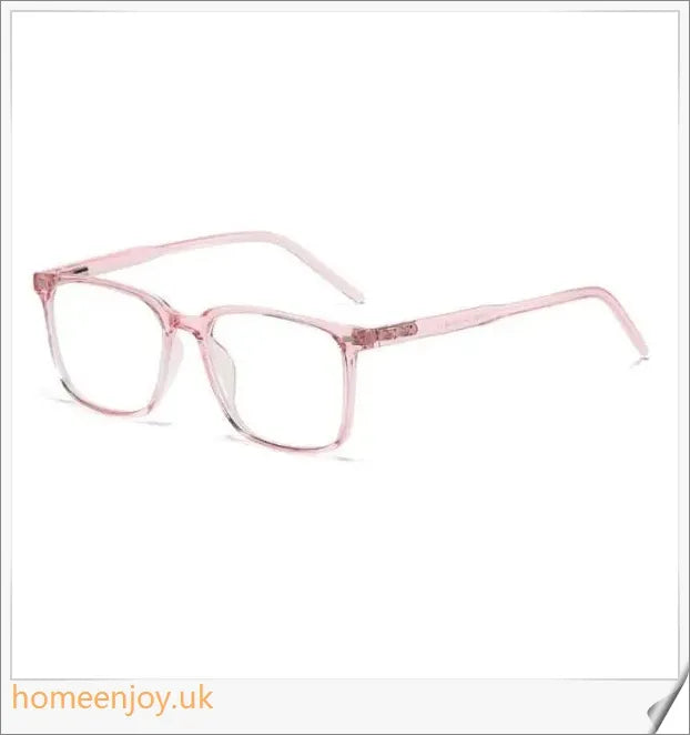 Bluelight reduction glasses with various frame colours including matte black, transparent, and leopard print