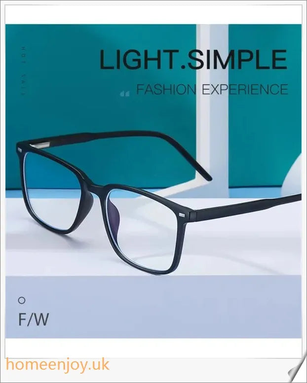 Bluelight reduction glasses with various frame colours including matte black, transparent, and leopard print