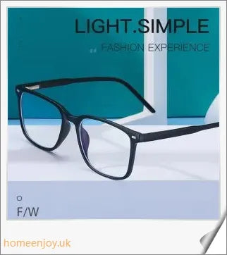Bluelight reduction glasses with various frame colours including matte black, transparent, and leopard print
