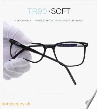 Bluelight reduction glasses with various frame colours including matte black, transparent, and leopard print