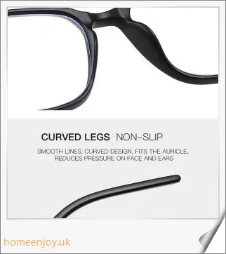 Bluelight reduction glasses with various frame colours including matte black, transparent, and leopard print