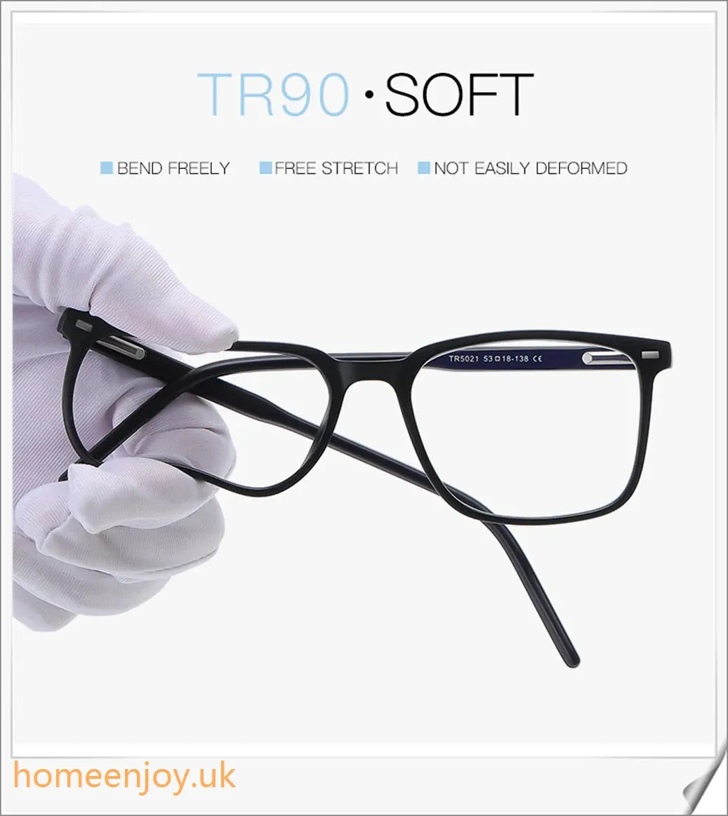 Bluelight reduction glasses with various frame colours including matte black, transparent, and leopard print
