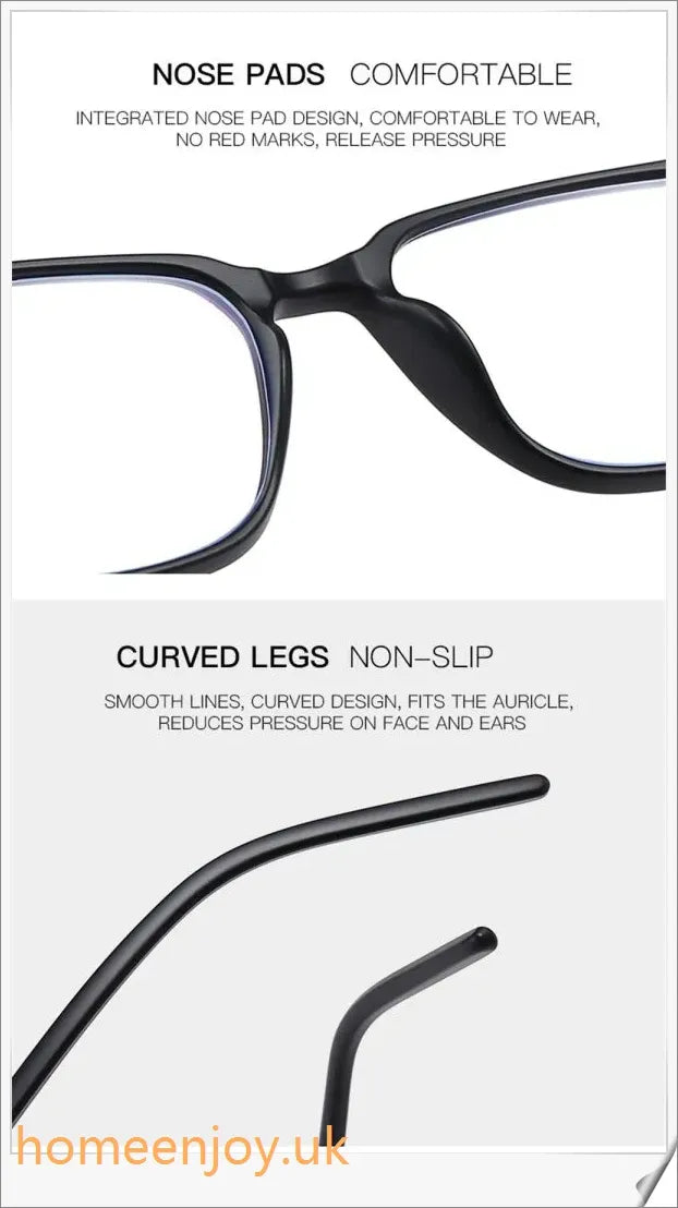 Bluelight reduction glasses with various frame colours including matte black, transparent, and leopard print