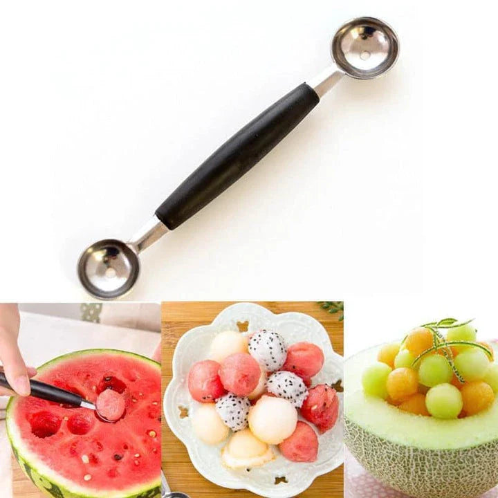 A premium double-ended stainless steel fruit carving scoop for creating intricate, Instagram-worthy culinary displays