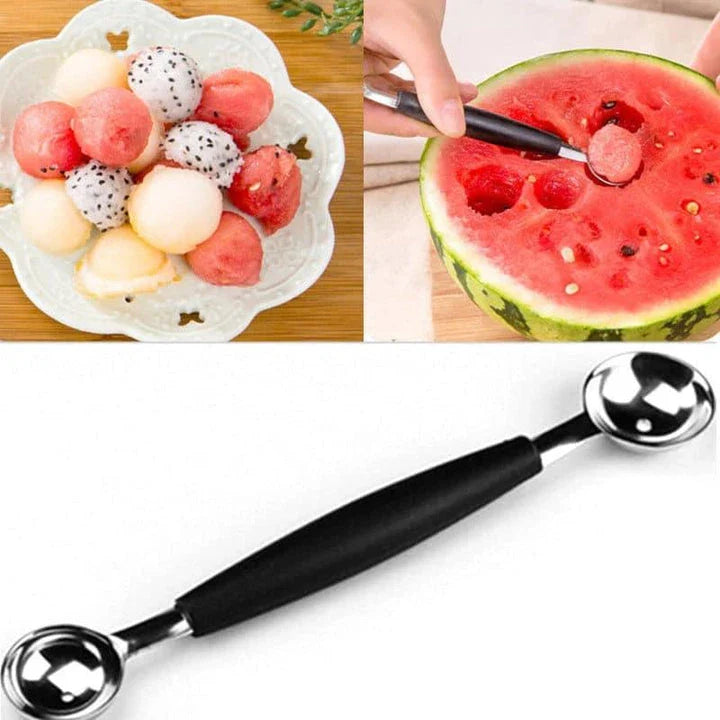 A premium double-ended stainless steel fruit carving scoop for creating intricate, Instagram-worthy culinary displays