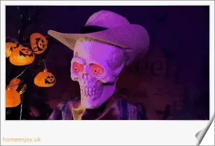 A pair of animated skeleton figures playing duelling banjos with glowing eyes, perfect for Halloween decor.