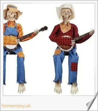 A pair of animated skeleton figures playing duelling banjos with glowing eyes, perfect for Halloween decor.