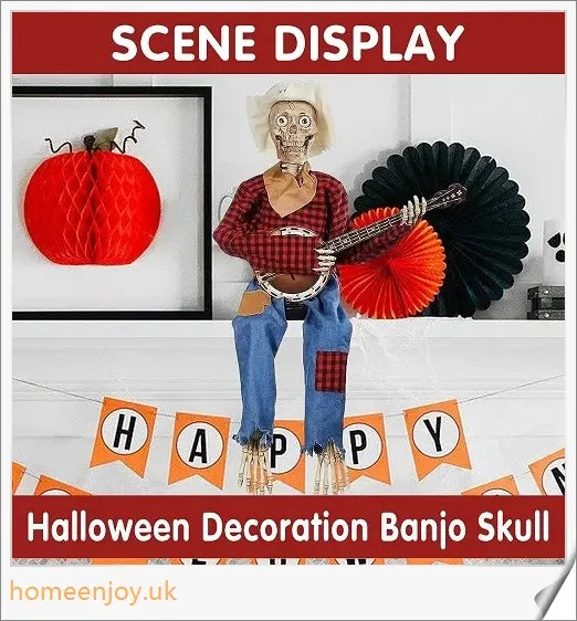 A pair of animated skeleton figures playing duelling banjos with glowing eyes, perfect for Halloween decor.