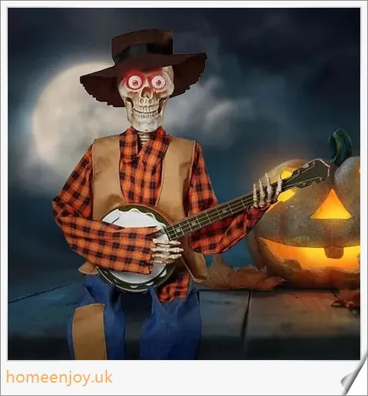 A pair of animated skeleton figures playing duelling banjos with glowing eyes, perfect for Halloween decor.