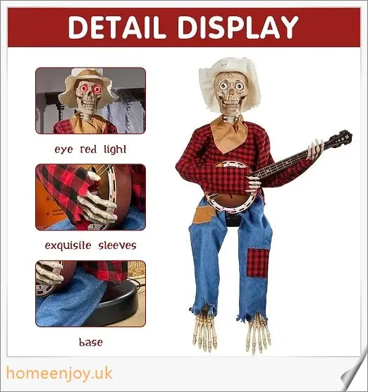 A pair of animated skeleton figures playing duelling banjos with glowing eyes, perfect for Halloween decor.