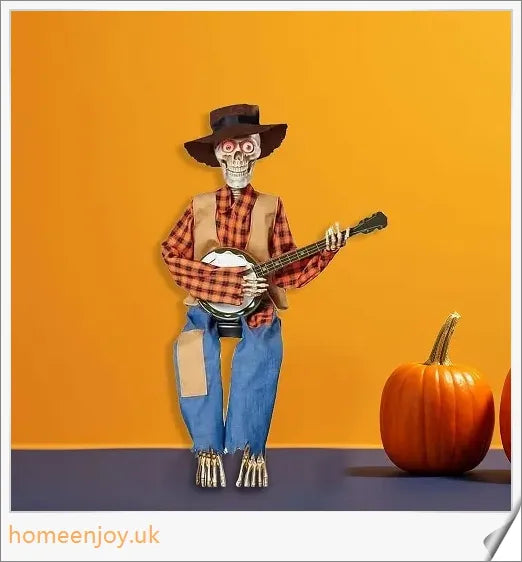 A pair of animated skeleton figures playing duelling banjos with glowing eyes, perfect for Halloween decor.