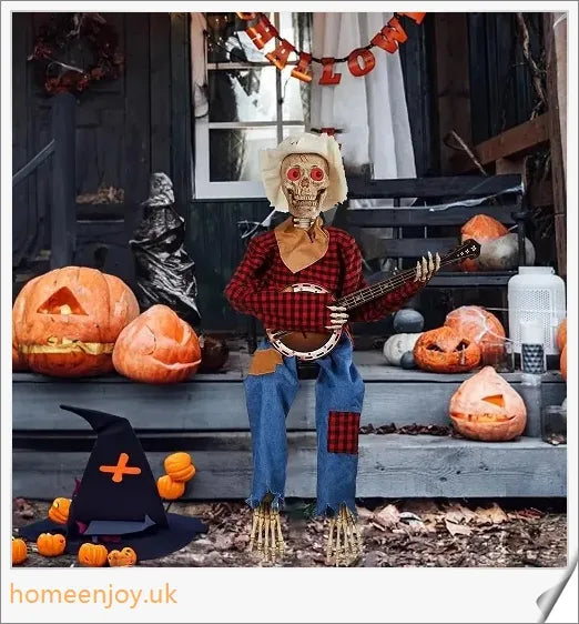 A pair of animated skeleton figures playing duelling banjos with glowing eyes, perfect for Halloween decor.