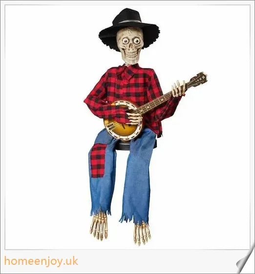 A pair of animated skeleton figures playing duelling banjos with glowing eyes, perfect for Halloween decor.