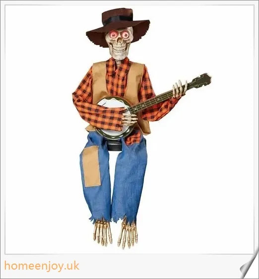 A pair of animated skeleton figures playing duelling banjos with glowing eyes, perfect for Halloween decor.