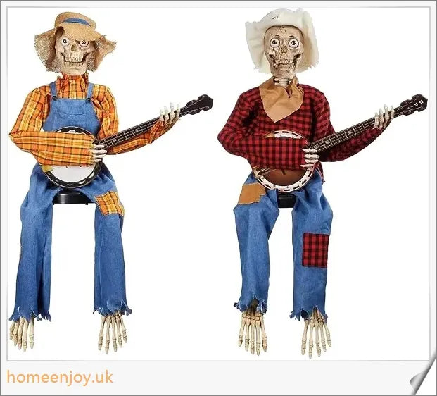 A pair of animated skeleton figures playing duelling banjos with glowing eyes, perfect for Halloween decor.