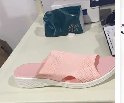 Women's casual platform sandals with woven upper and polyurethane sole in blue, grey, and pink colours