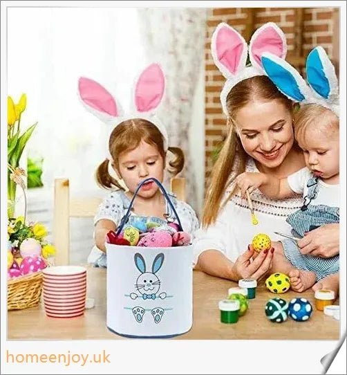 Adorable bunny-themed Easter baskets made of high-quality canvas, perfect for storing toys, sweets, and eggs for children's Easter celebrations.
