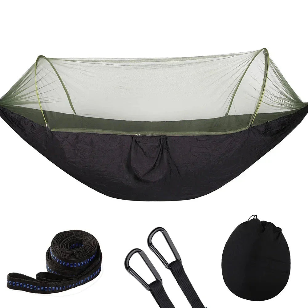 Premium portable camping hammock with integrated mosquito net in green, blue, and grey colours