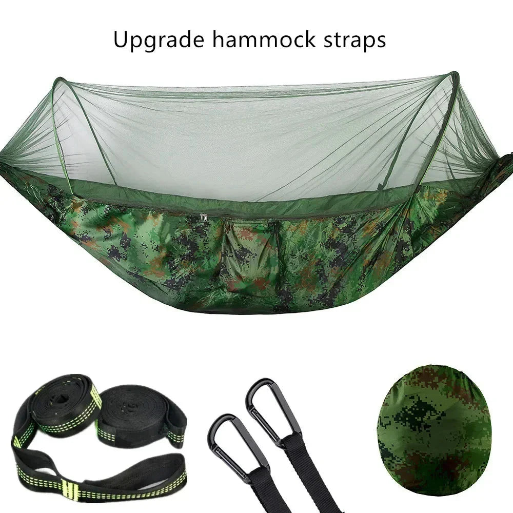 Premium portable camping hammock with integrated mosquito net in green, blue, and grey colours