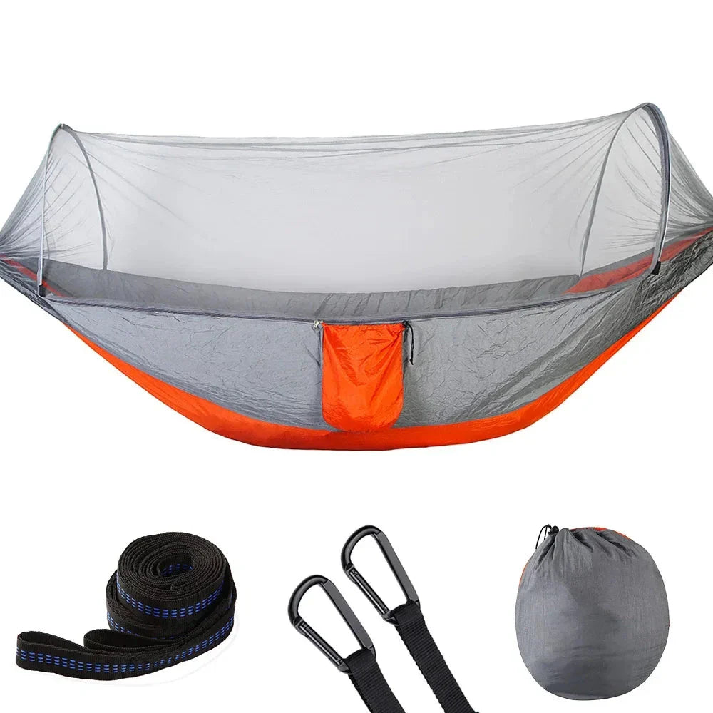 Premium portable camping hammock with integrated mosquito net in green, blue, and grey colours