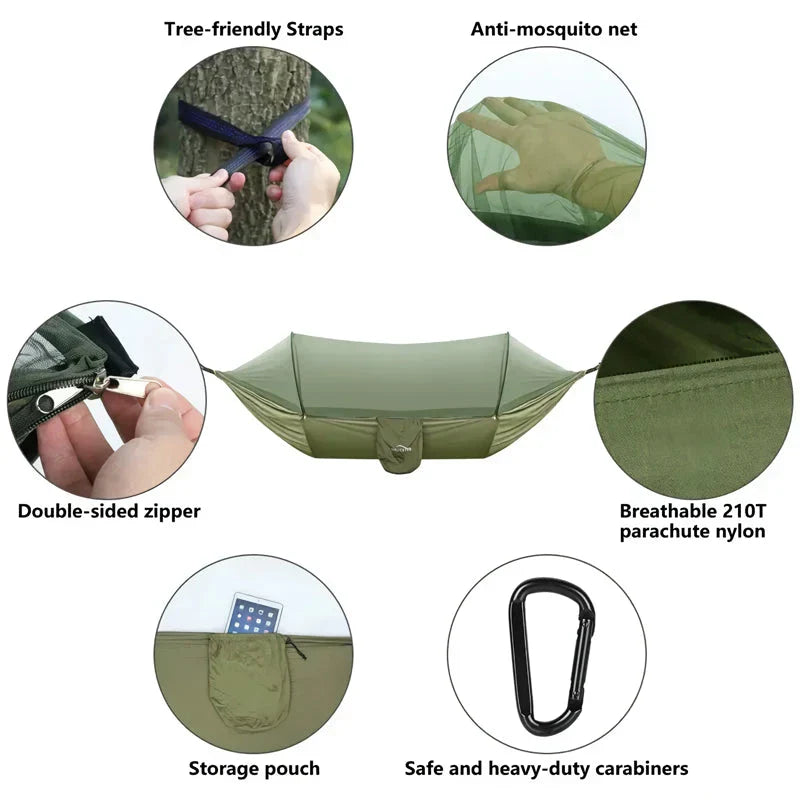 Premium portable camping hammock with integrated mosquito net in green, blue, and grey colours