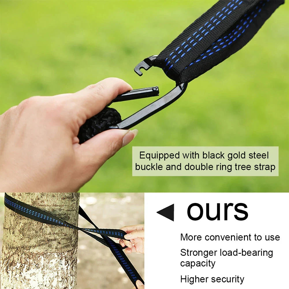 Premium portable camping hammock with integrated mosquito net in green, blue, and grey colours