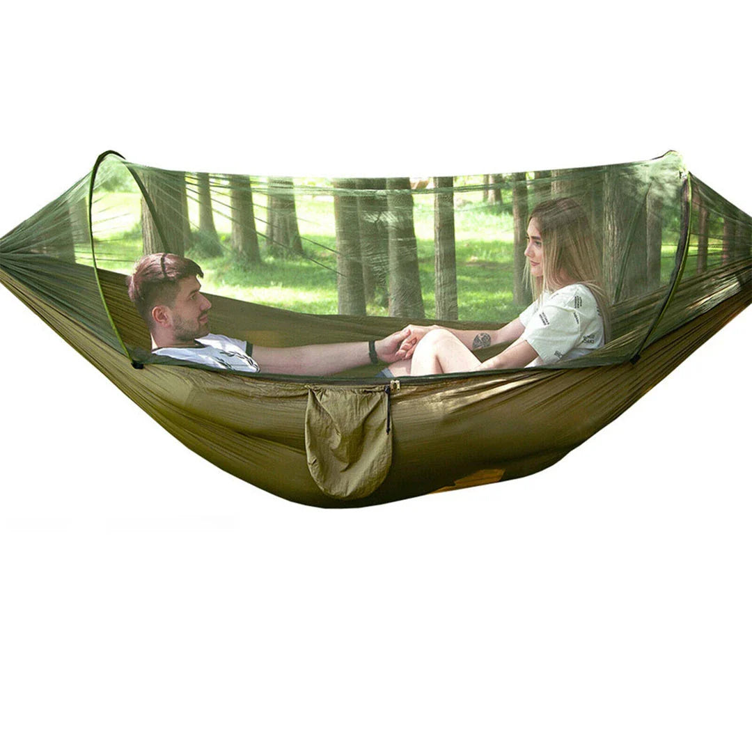 Premium portable camping hammock with integrated mosquito net in green, blue, and grey colours
