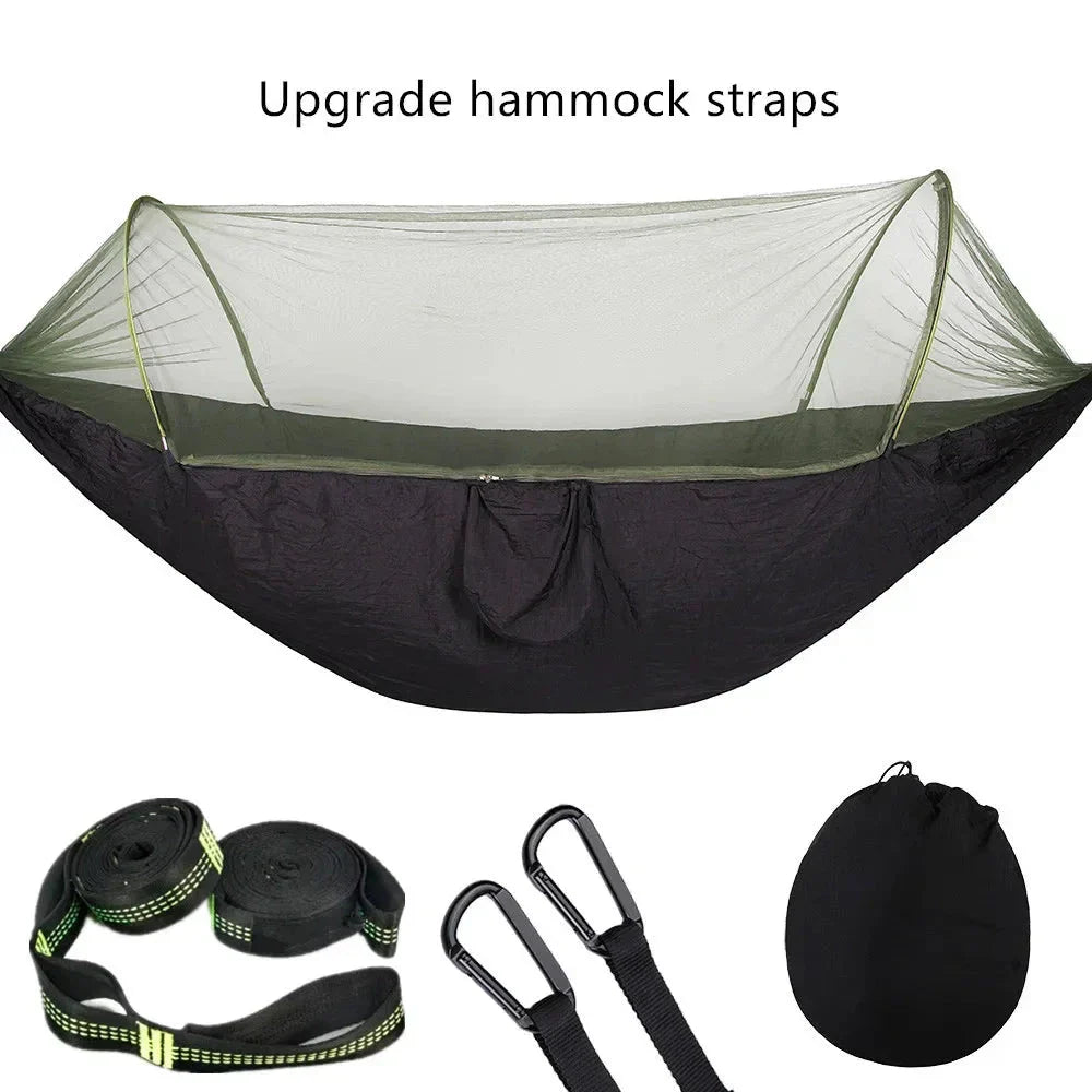Premium portable camping hammock with integrated mosquito net in green, blue, and grey colours
