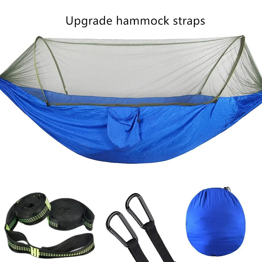 Premium portable camping hammock with integrated mosquito net in green, blue, and grey colours