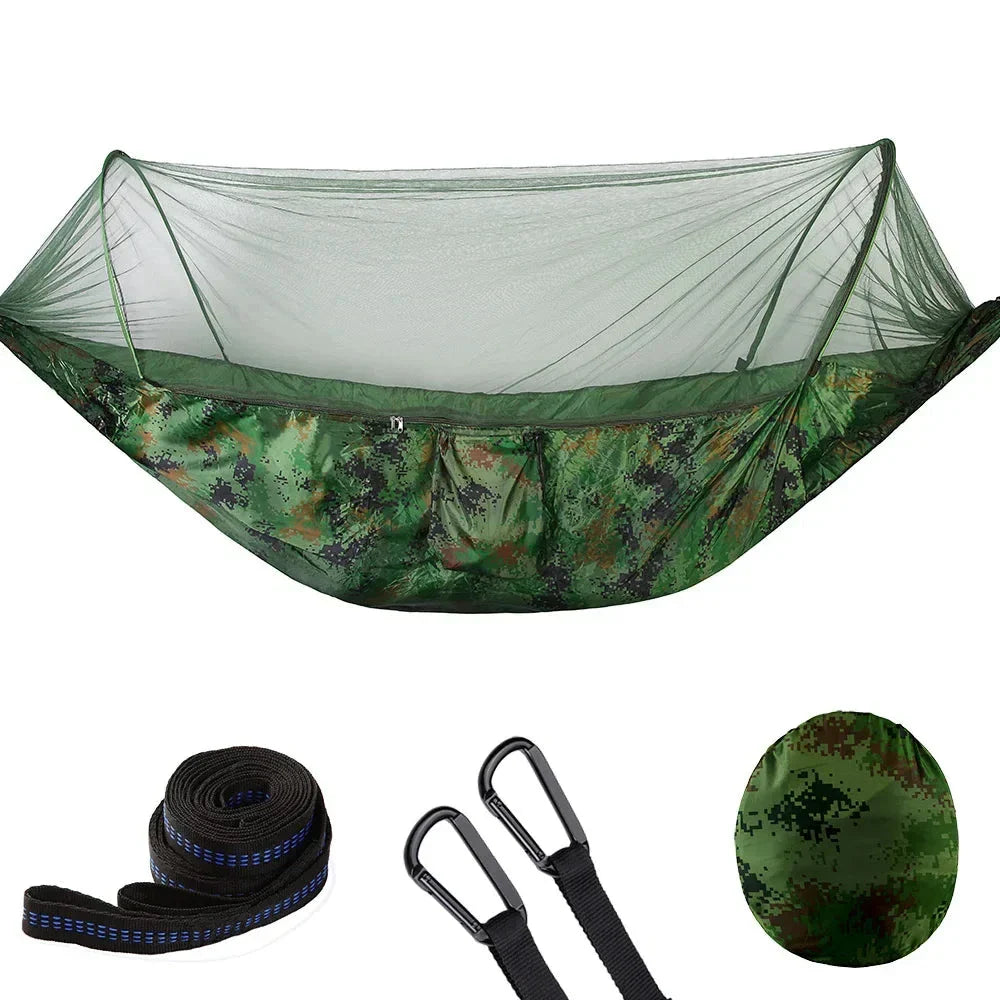 Premium portable camping hammock with integrated mosquito net in green, blue, and grey colours