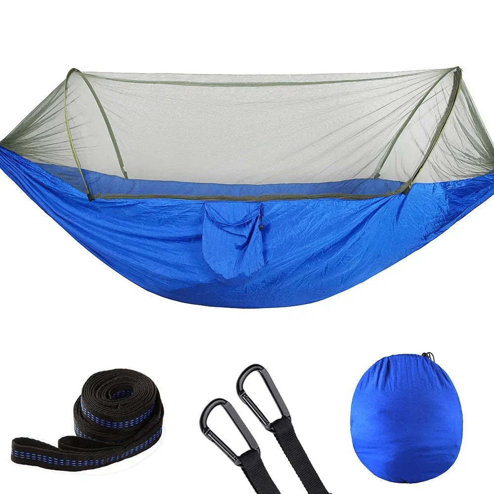 Premium portable camping hammock with integrated mosquito net in green, blue, and grey colours