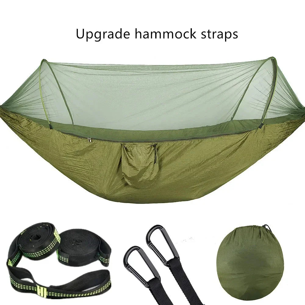 Premium portable camping hammock with integrated mosquito net in green, blue, and grey colours
