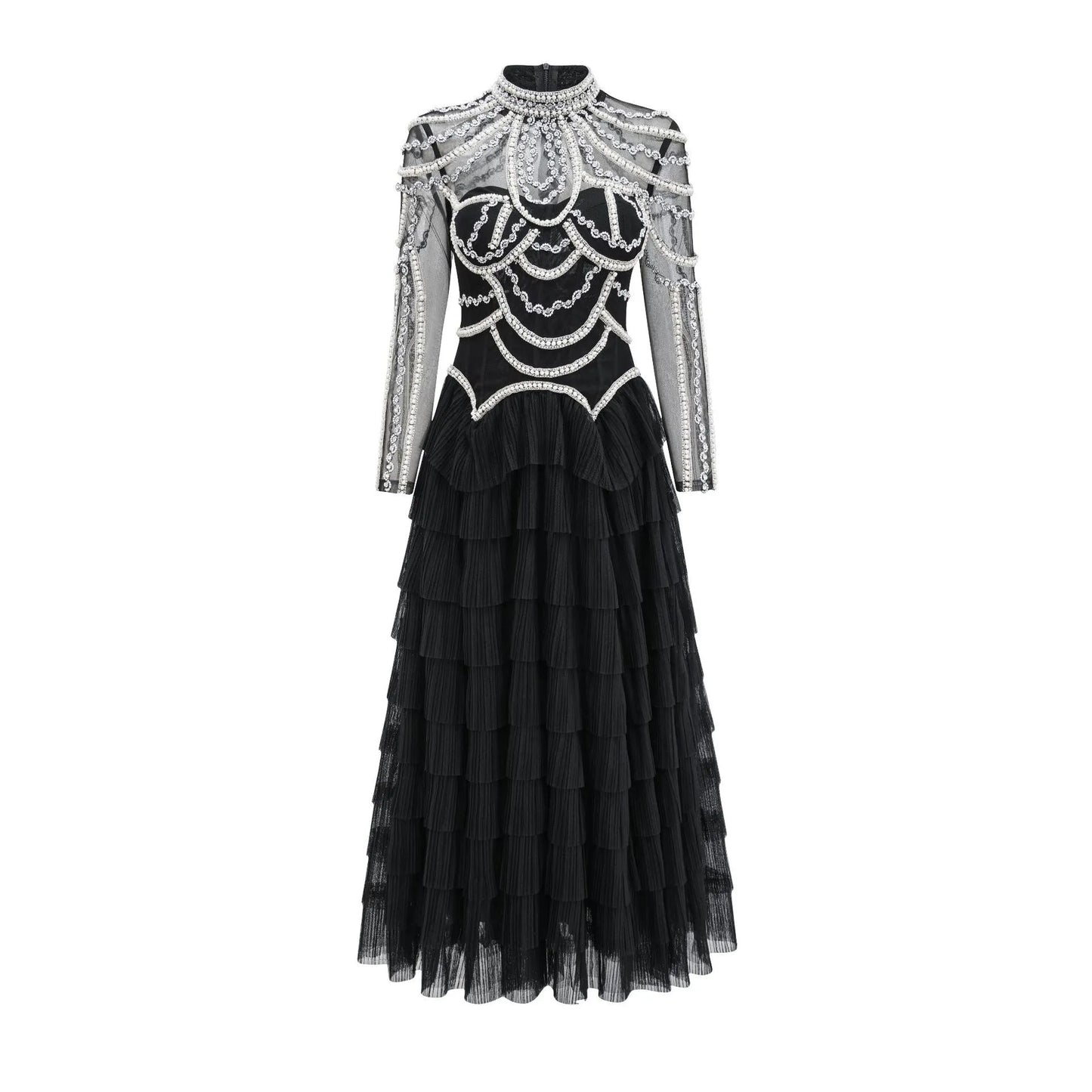 Black long sleeve beaded dress for women with 3D decoration and mid-waist fit.
