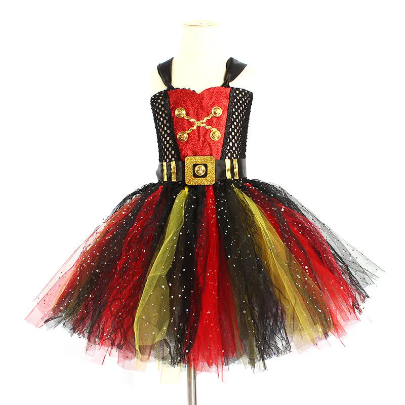 Girls sleeveless pirate costume dress with sequins, lace, and mesh on a pirate skirt design.