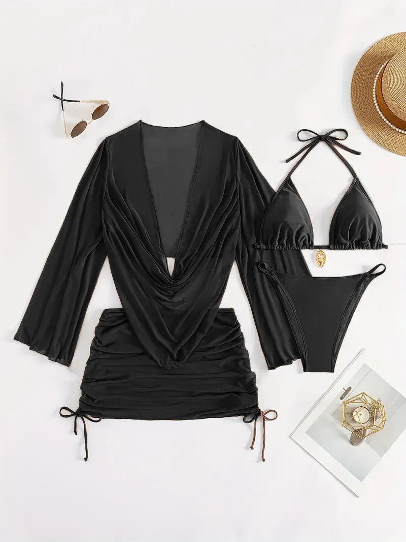 Dark brown women's one-piece swimsuit with a lace-up front and backless design.