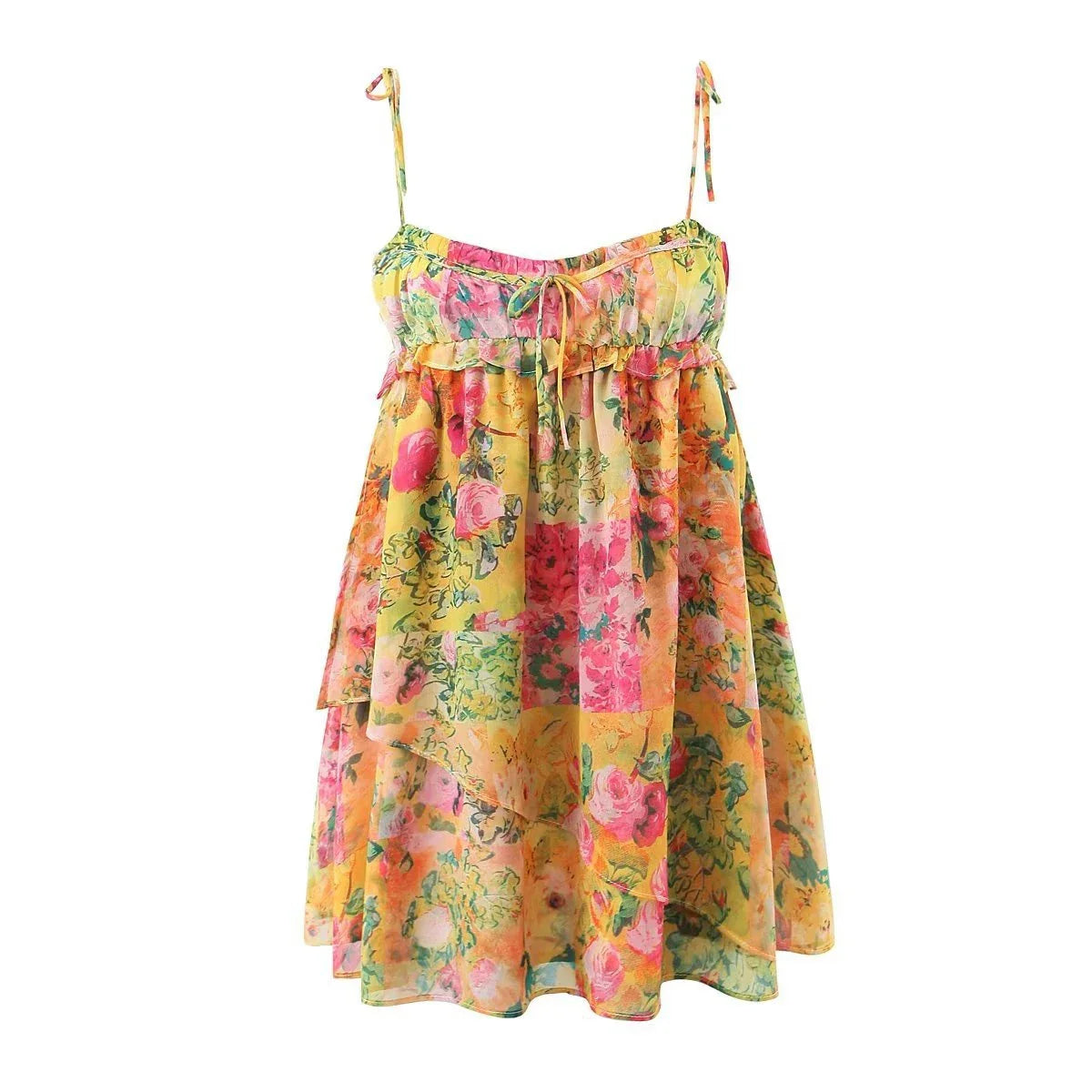 Stylish floral print suspender dress with ruffled A-line skirt and adjustable spaghetti straps for a customized fit